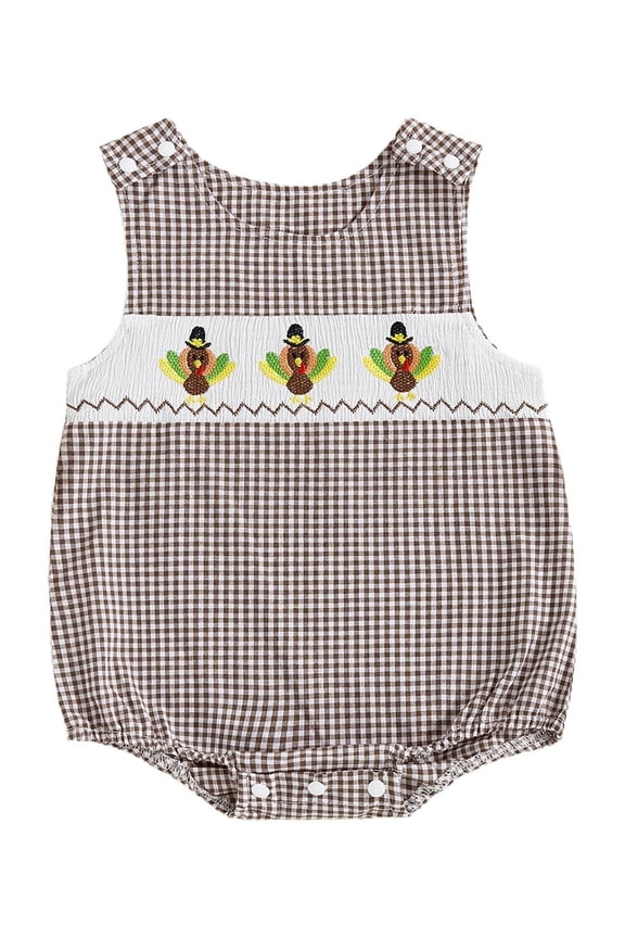 Thanksgiving Baby Boy Overalls Plaid Embroidery Turkey Romper