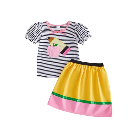 BemeyourBBs Toddler Baby Back to School Outfit First Day of School Kindergarten Outfit Baby Girls Summer Clothes Puff Short Sleeve Apple Pencil Embroidery Striped T Shirt Tops and Skirt Set