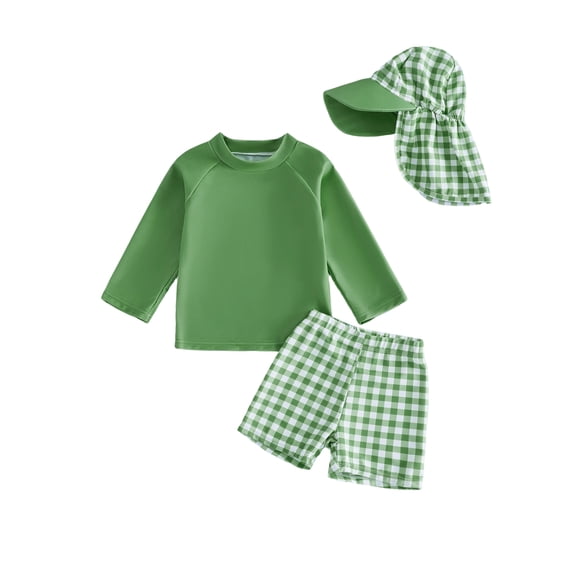 BemeyourBBs Toddler Baby Boy 2 Piece Swimsuit with Sun Hat Infant Boys Bathing Suit Swimwear UPF 50+ Long Sleeve Rash Guard Swiming Tops and Plaid Swim Trunks Shorts Set Summer Pool Beachwear