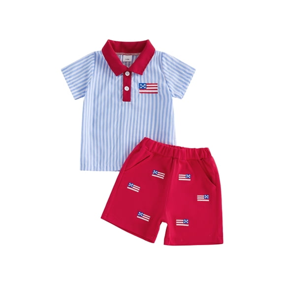 BemeyourBBs Toddler Baby Boy 4th of July Outfit Baby Boys Independence Day Summer Clothes Patriot America Flag Embroidery Striped Half Button Short Sleeve Lapel Collar Shirt Tops and Shorts Set