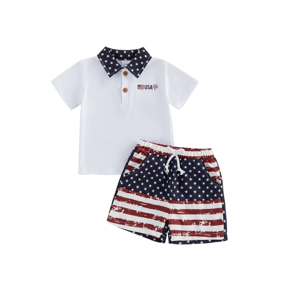 BemeyourBBs Toddler Baby Boy 4th of July Outfit Baby Boys Patriot Independence Day Clothes Short Sleeve Lapel Collar America Flag Firework Print Shirt Tops and Shorts Set Baby Boy Summer 2Pcs Outfit