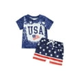 thumbnail image 1 of BemeyourBBs Toddler Baby Boy 4th of July Outfit Summer Patriot Fourth of July Clothes USA Letters Printed Short Sleeve T-Shirt Star Striped Shorts Set 2Pcs Independence Day Clothing, 1 of 9
