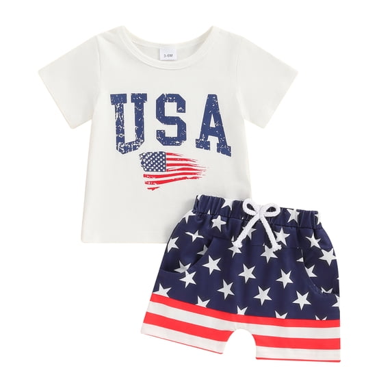 BemeyourBBs Toddler Baby Boy 4th of July Outfit Summer Patriot Fourth of July Clothes USA Letters Printed Short Sleeve T-Shirt Star Striped Shorts Set 2Pcs Independence Day Clothing