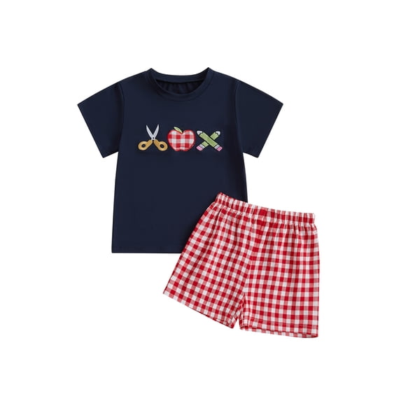 BemeyourBBs Toddler Baby Boy Back to School Outfit Baby First Day of School Kindergarten Outfit Baby Boy Summer Clothes Apple Embroidery Short Sleeve T Shirt and Plaid Shorts 2 Pcs Set