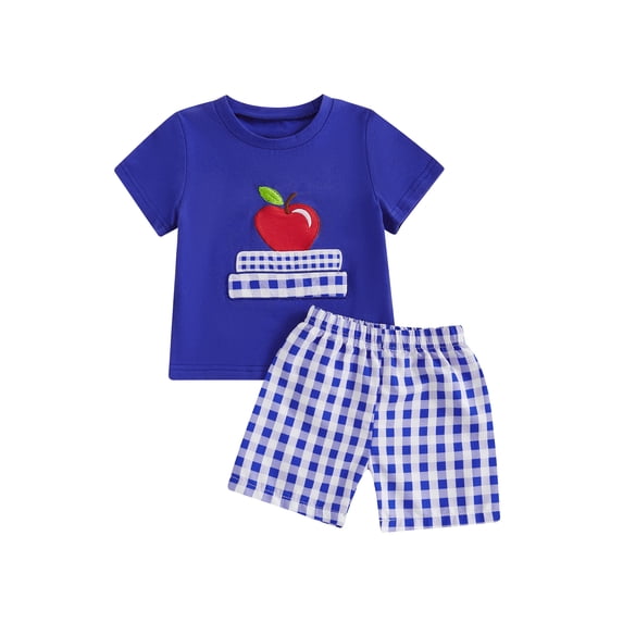 BemeyourBBs Toddler Baby Boy Back to School Outfit Baby First Day of School Kindergarten Outfit Baby Boy Summer Clothes Apple Embroidery Short Sleeve T Shirt and Plaid Shorts 2 Pcs Set