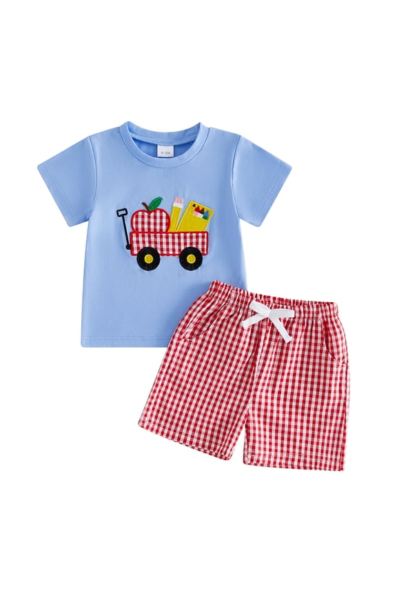 Toddler Baby Boy Back To School Outfit Pre Kindergarten Outfits Little Baby Boy Summer Clothes Casual Apple Pencil In Cart Embroidered ShoShirt and Pockets Plaid Shorts 2 Pcs Set