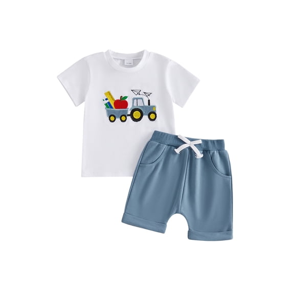 BemeyourBBs Toddler Baby Boy Back To School Outfit Pre Kindergarten Outfits Little Baby Boy Summer Clothes Casual Apple Pencil In Tractor Embroidered Short Sleeve T-Shirt and Pockets Shorts 2 Pcs Set