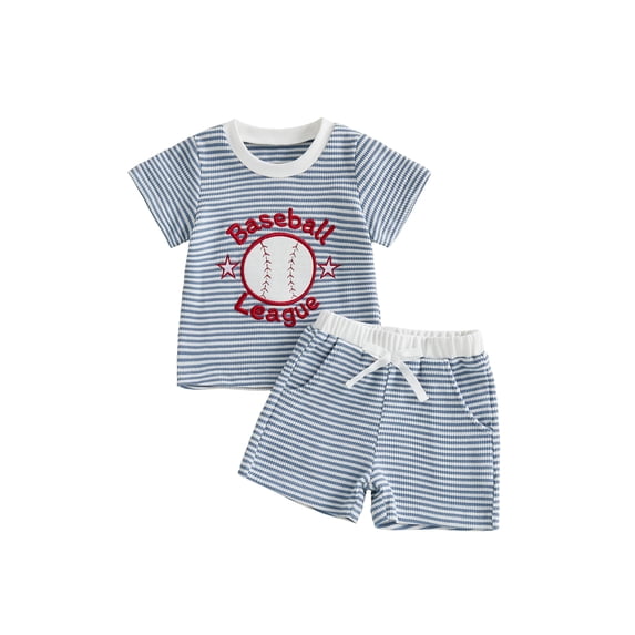 BemeyourBBs Toddler Baby Boy Baseball Outfit Cute Infant Baby Boy Summer Clothes Waffle Knit Ball Letter Embroidered Striped Short Sleeve T Shirts and Pockets Shorts Set