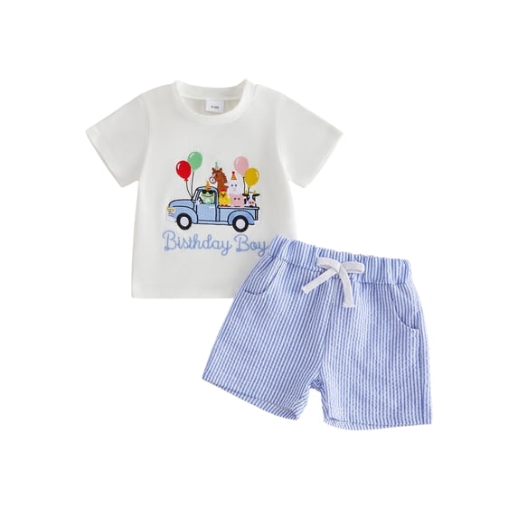 BemeyourBBs Toddler Baby Boy Birthday Outfit 6 12 18 24 Months 2 3 4 Years Baby Boy Summer Clothes Cute Animals Dinosaurs Embroidery Short Sleeve T Shirt Tops with Striped Pockets Shorts 2Pcs Set