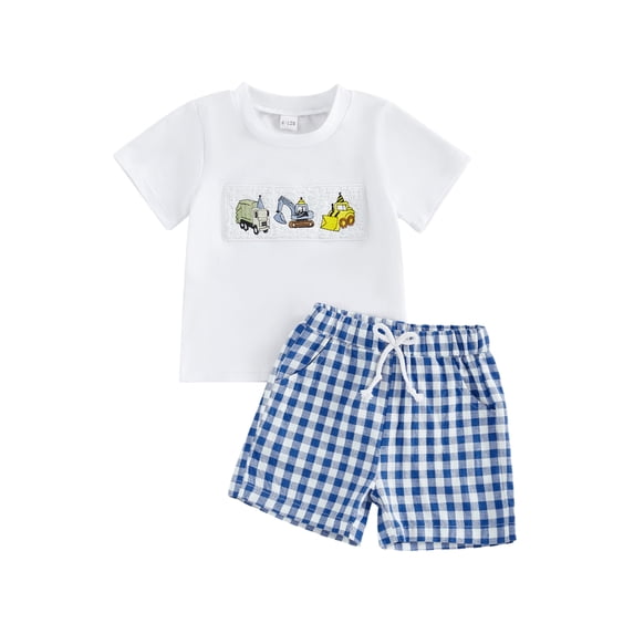 BemeyourBBs Toddler Baby Boy Birthday Outfits 1 2 3 4 Years Old Birthday Summer Clothes Short Sleeve Excavator Truck Vehicles Embroidery T Shirt Plaid Shorts Set Toddler Boys Summer Outfit