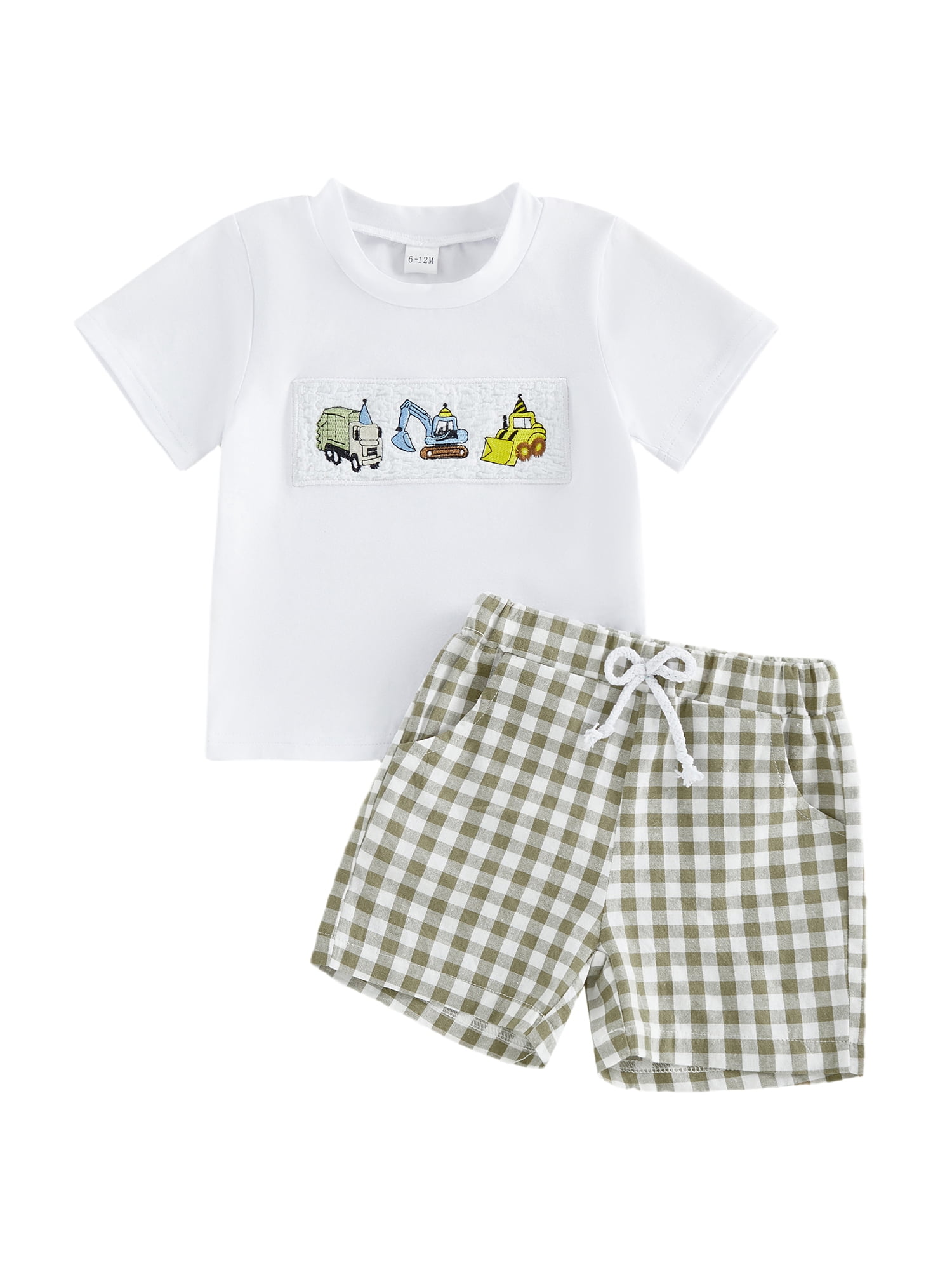 Toddler Baby Boy Birthday Outfits 1 2 3 4 Years Old Birthday Summer Clothes Short Sleeve Excavator Truck Vehicles Embroidery T Shirt Plaid Shorts Set Toddler Boys Summer Outfit