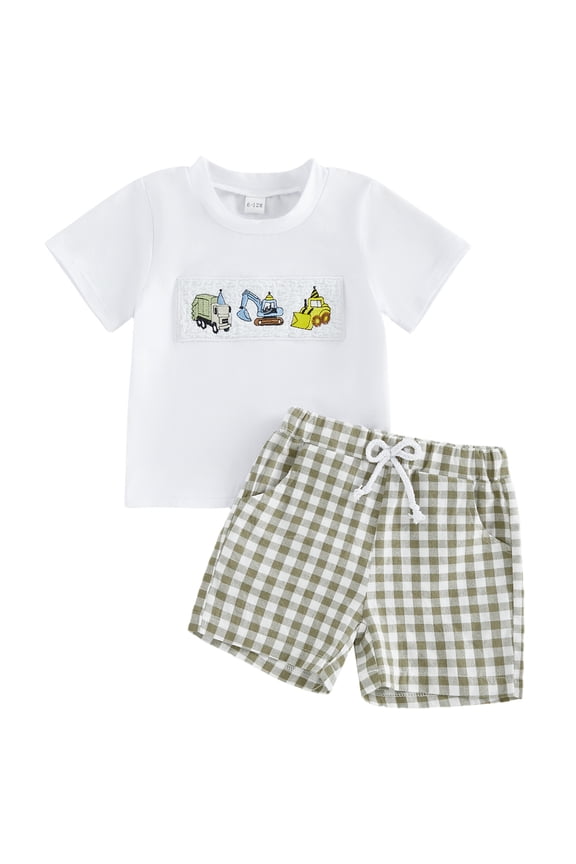 Toddler Baby Boy Birthday Outfits 1 2 3 4 Years Old Birthday Summer Clothes Short Sleeve Excavator Truck Vehicles Embroidery T Shirt Plaid Shorts Set Toddler Boys Summer Outfit