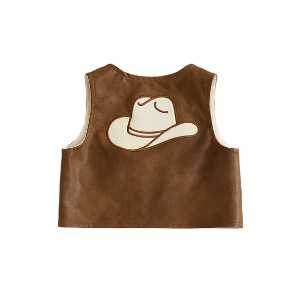 BemeyourBBs Toddler Baby Boy Cowboy Cowgirl Vest Kids Western Baby Boy Girl Clothes Vintage PU Leather Jacket Sleeveless V Neck Open Front Back Cowgirl Hat Bull Head Cardigan Outwear Waistcoat