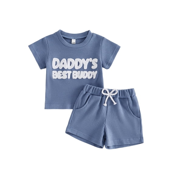 BemeyourBBs Toddler Baby Boy Daddy's Best Buddy Outfit Newborn Infant Boy Summer Clothes Waffle Knit Letter Embroidered Short Sleeve T Shirt Tops and Shorts 2 Pcs Set