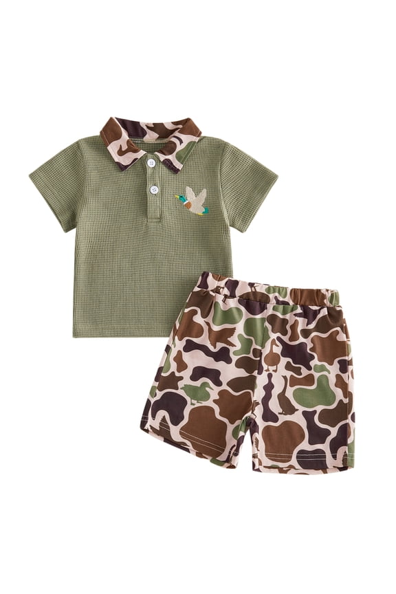 Toddler Baby Boy Duck Hunting Outfit Summer Clothes Waffle Knit Mallard Embroidered Button Turn Down Collar Short Sleeve Shirt Tops and Camouflage Shorts Set