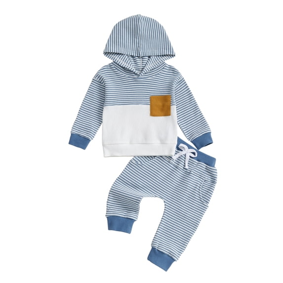 BemeyourBBs Toddler Baby Boy Fall Winter Outfit Newborn Infant Baby Boys Clothes 0 6 12 18 24 Months 2 3 Years Waffled Stripe Long Sleeve Hoodies Top Elastic Waist Pockets Jogger Pants 2 Pcs Set