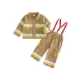 thumbnail image 1 of BemeyourBBs Toddler Baby Boy Firefighter 2 Piece Outfits Spring Fall Clothes Long Sleeve Turn Down Collar Contrast Color Zipper Up Jacket Coat Tops and Suspenders Pants Set, 1 of 7