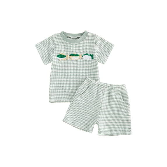 BemeyourBBs Toddler Baby Boy Fishing Outfit Cute Infant Baby Boys Summer Clothes Fish Embroidered Waffled Striped Short Sleeve T-shirt and Shorts Set Toddler Baby Boys 2 Piece Summer Outfit