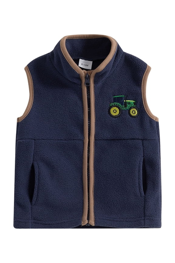 Toddler Baby Boy Fleece Vest Casual Sleeveless Zip Up Tractor Embroidery Vest Jacket Coat With Pockets Warm Fall Winter Clothes