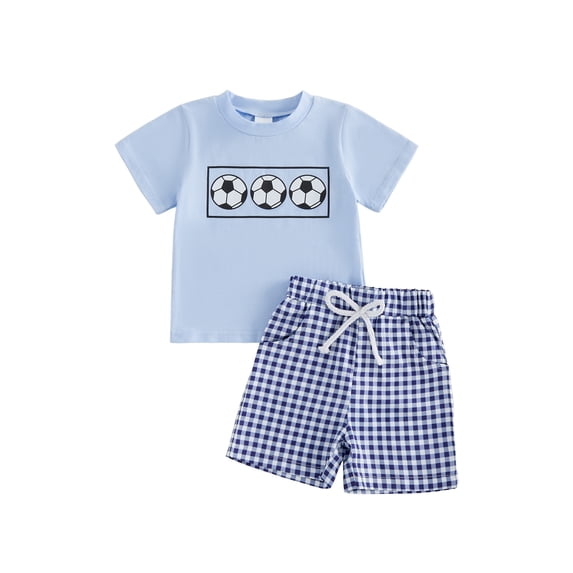 BemeyourBBs Toddler Baby Boy Football Outfit Baby Boys Summer Clothes 12 18 24 Months 2 3 4 5 Years Soccer Print Short Sleeve T-shirt and Plaid Shorts Set Baby Boy 2 Piece Summer Outfit