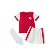 BemeyourBBs Toddler Baby Boy Football Outfit Infant Baby Boy Summer Clothes Kids Soccer Jerseys Football Embroidery Short Sleeve V Neck T Shirt Tops and Shorts Stockings Set