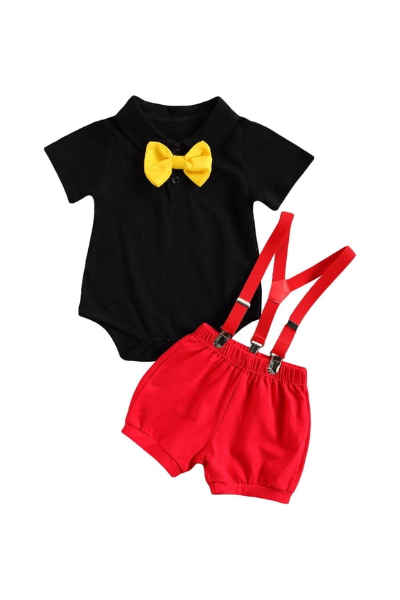 Toddler Baby Boy Gentleman Outfit Infant Baby Boys Summer Clothes Newborn Baby Boy Blessing Baptism Day Church Outfit Short Sleeve Bowtie Romper Shirt with Suspenders Short Set