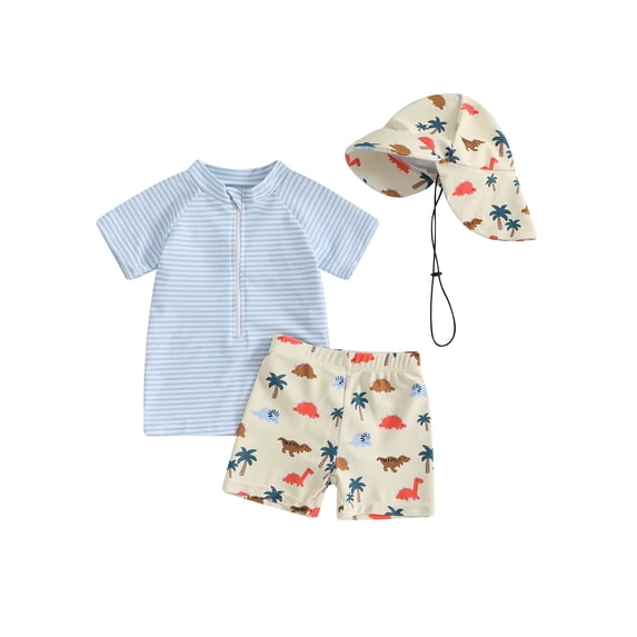 BemeyourBBs Toddler Baby Boy Girl 2 Pieces Swimsuit with Sun Hat Newborn Infant Bathing Suit Short Sleeve Rash Guard Set Zipper Swim Tops and Turtle Crab Dinosaur Print Swimming Trunks Shorts Set