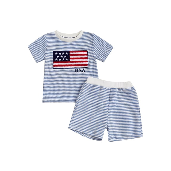 BemeyourBBs Toddler Baby Boy Girl 4th of July Outfit Infant Baby Independence Day Summer Clothes Waffle Knit Cute American Flag Embroidery Striped Short Sleeve T-Shirt and Shorts Set
