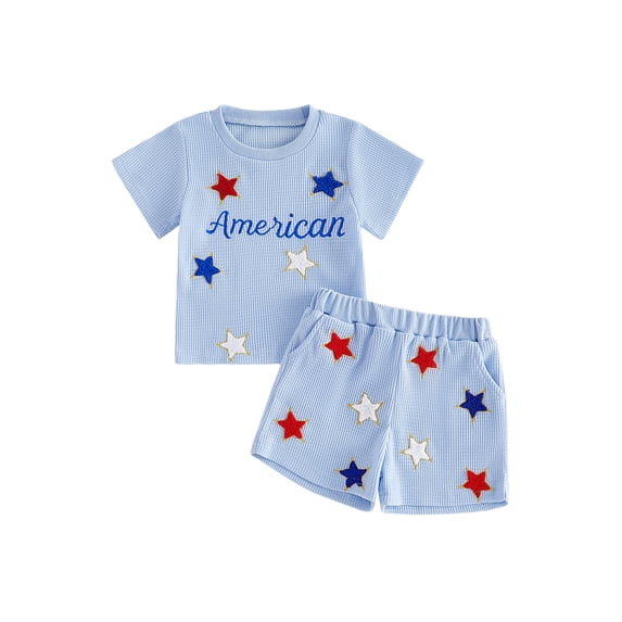 BemeyourBBs Toddler Baby Boy Girl 4th of July Outfit Infant Baby Patriot Independent Day Summer Clothes Short Sleeve America Flag Embroidery Waffle Knit T Shirt Tops Elastic Waist Pockets Shorts Set
