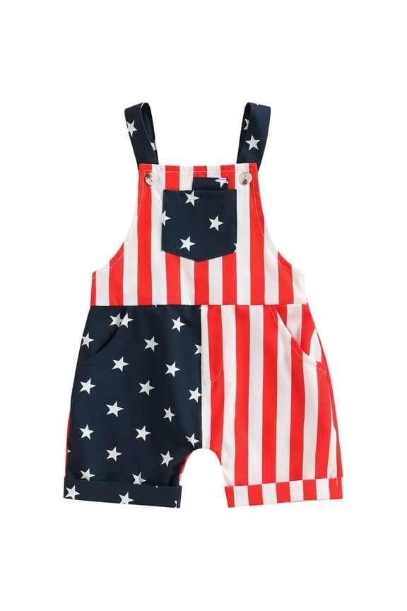 Toddler Baby Boy Girl 4th of July Outfit Patriot Independence Day Rompor Overalls American Flag Jumpsuit Star Stripe Print Suspender Pants Bib Overalls Summer Fourth of July Clothes