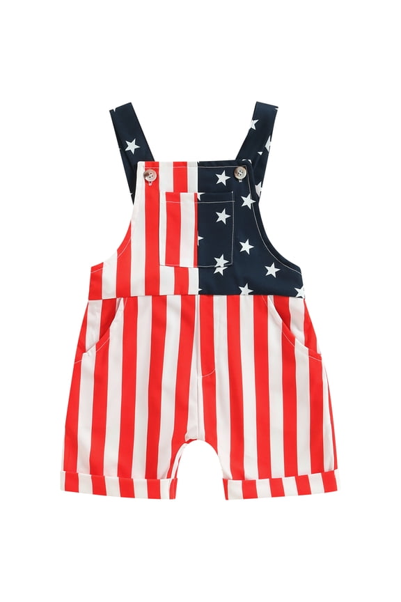 Toddler Baby Boy Girl 4th of July Outfit Patriot Independence Day Rompor Overalls American Flag Jumpsuit Star Stripe Print Suspender Pants Bib Overalls Summer Fourth of July Clothes