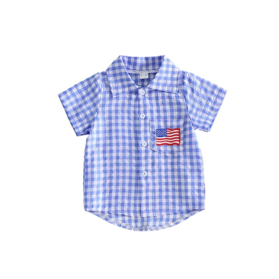BemeyourBBs Toddler Baby Boy Girl 4th of July Shirt Outfit Kids Patriot Independence Day Shirt Summer Clothes Plaid Print America Flag Embroidery Short Sleeve Lapel Button Down Shirt Tops