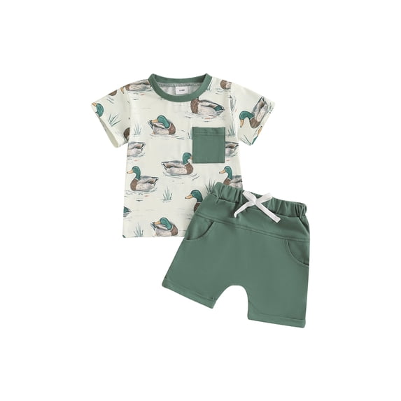 BemeyourBBs Toddler Baby Boy Girl Duck Outfit Short Sleeve Mallard Duck Goose T-shirt With Shorts Set Pockets Cute Infant Summer Clothes