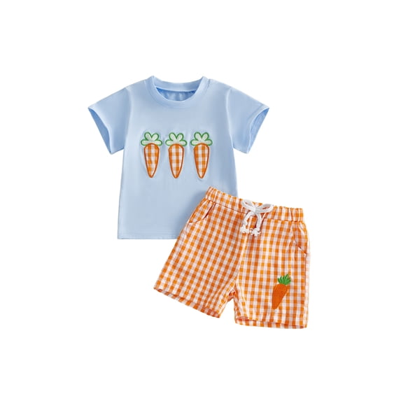 BemeyourBBs Toddler Baby Boy Girl Easter Outfits Cute Infant Boys Spring Summer Clothes Short Sleeve Bunny Carrot Embroidery T Shirt Tops and Shorts Set