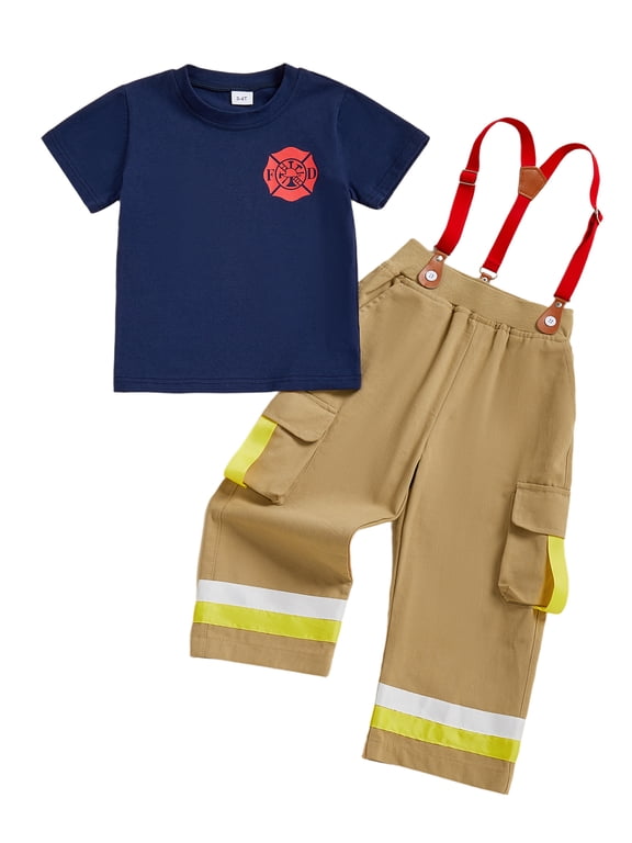 Toddler Baby Boy Girl Firefighter Outfit Summer Clothes Kids Firefighter Costume Short Sleeve T-shirt Suspender Pants Overalls Halloween Birthday Outfits