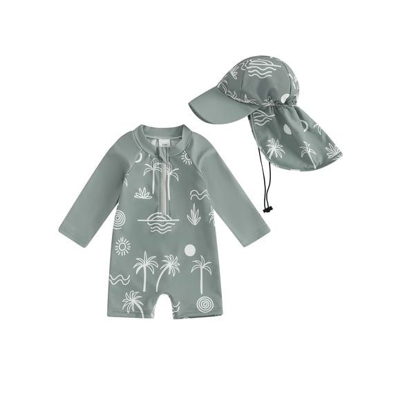 BemeyourBBs Toddler Baby Boy Girl One Piece Swimsuit with Sunhat Set Newborn Infant Bathing Suit Long Sleeve Rash Guard Half Zipper Coconut Tree Swimwear Beachwear UPF 50+