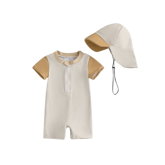 BemeyourBBs Toddler Baby Boy Girl One Piece Swinsuit with Sun Hat Infant Boy Girl Bathing Suit Short Sleeve Rash Guard Swimwear Cute Contrast Color Zip Up Summer Beachwear