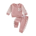 thumbnail image 1 of BemeyourBBs Toddler Baby Boy Girl Spring Fall Winter Outfits Waffle Knit Checkerboard Patchwork Long Sleeve Crewneck Pullover Swetshirt Top Jogger Pants Set 2pcs Sweatsuit Clothes, 1 of 9