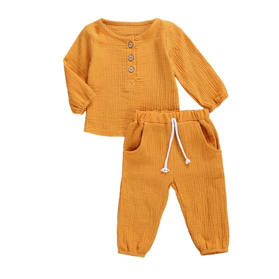 BemeyourBBs Toddler Baby Boy Girl Spring Summer Fall Winter Clothes Baby Girl Boy Cotton 2 Piece Outfits Solid Long Sleeve Half Button Down Shirt Top Pockets Long Pants Set