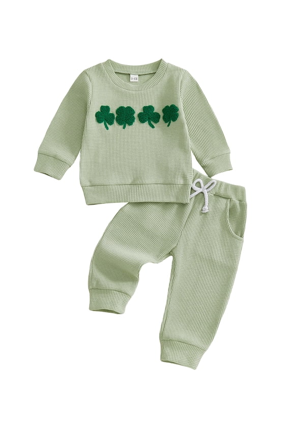 Toddler Baby Boy  Girl St Patricks Day Outfit Spring Irish Clothes Long Sleeve Shamrock Embroidery Waffle Knit Sweasthirt Tops with Pant Set