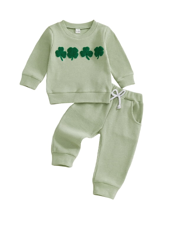 Toddler Baby Boy Girl St Patricks Day Outfit Spring Irish Clothes Long Sleeve Shamrock Embroidery Waffle Knit Sweasthirt Tops with Pant Set