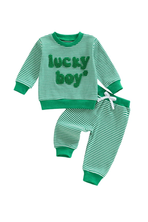 Toddler Baby Boy Girl St Patricks Day Outfit Spring Irish Clothes Lucky Boy Long Sleeve Shamrock Embroidery Waffle Knit Sweasthirt Tops with Pant Set