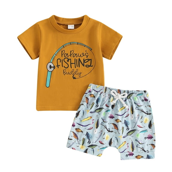 BemeyourBBs Toddler Baby Boy Girl Summer Clothes Daddy's Fishing Buddy Tee Shirt+Shorts Set Fishing Outfit 6 9 12 18 24Month 2t 3t