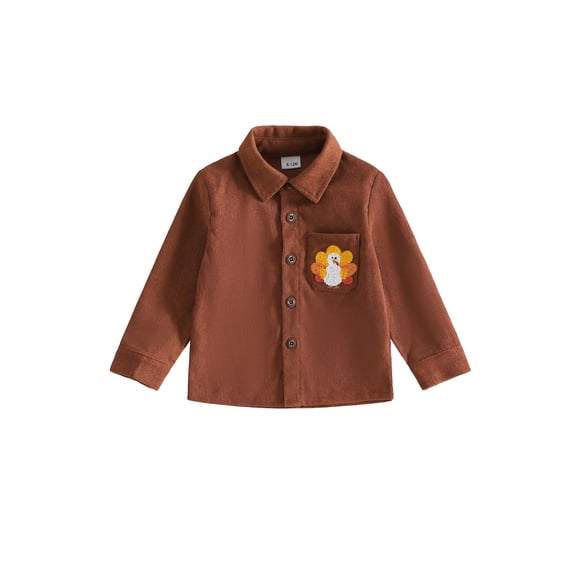 BemeyourBBs Toddler Baby Boy Girl Thanksgiving Outfit Baby Boys Girls Corduroy Button Down Shirt Jacket Fall Winter Shacket Turkey Embroidery Long Sleeve Lapel Neck Cardigan Blouses Coat with Pocket