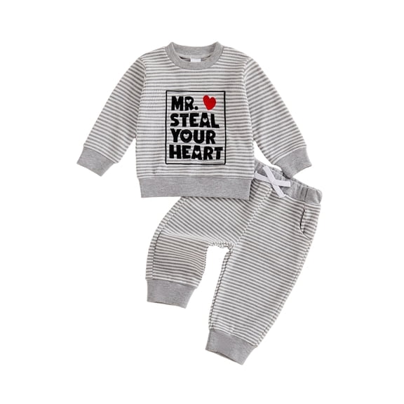 BemeyourBBs Toddler Baby Boy Girl Valentines Day Outfit Fall Winter Spring Clothes Striped Heart Letter Long Sleeve Sweatshirt and Pants 2 Piece Outfits Set