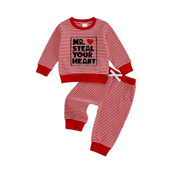 BemeyourBBs Toddler Baby Boy Girl Valentines Day Outfit Fall Winter Spring Clothes Striped Heart Letter Long Sleeve Sweatshirt and Pants 2 Piece Outfits Set