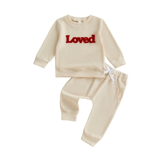 BemeyourBBs Toddler Baby Boy Girl Valentines Day Outfits Loved Letters Embroidery Sweatshirt and Pants Set Spring Fall Winter Clothes