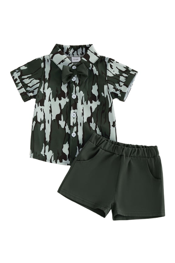 Toddler Baby Boy Hunting Clothes Summer Camouflage Outfit Camo Short Sleeve Butt Down Bowtie Shirts and Pockets Shorts 2 Piece Set