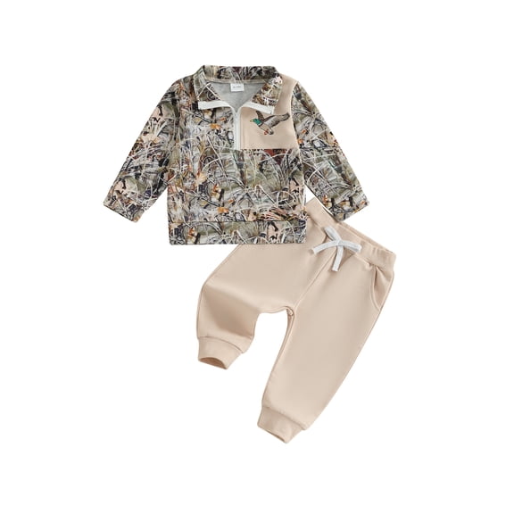 BemeyourBBs Toddler Baby Boy Hunting Duck Outfits Camo Spring Fall Winter Clothes Half Zip Long Sleeve Animal Print Pullover Sweatshirt Pants Set 2Pcs Clothing
