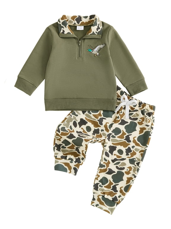 Toddler Baby Boy Hunting Duck Outfits Camo Spring Fall Winter Clothes Half Zip Long Sleeve Animal Print Pullover Sweatshirt Pants Set 2Pcs Clothing
